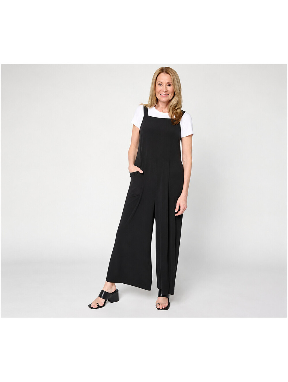 Attitudes by Renee Regular Como Jersey Wide Leg Overall Jumpsuit Black, Large